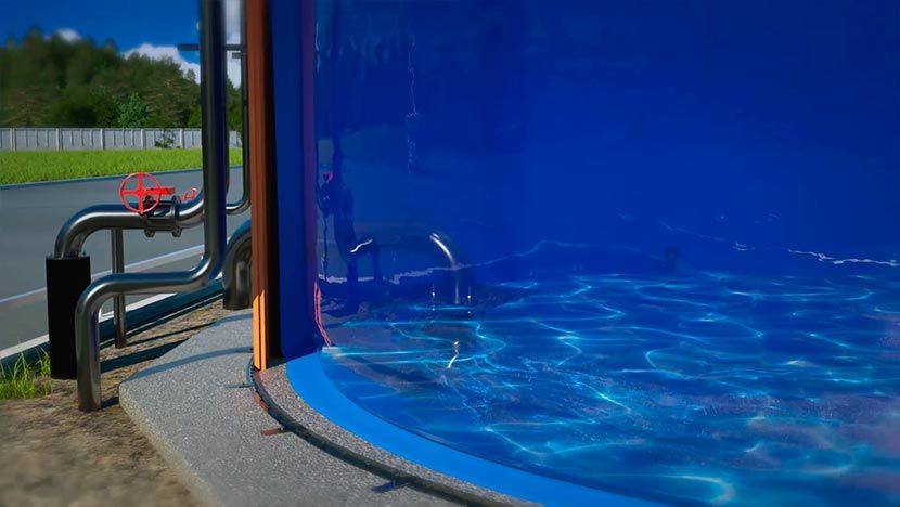 3D модель разреза наполненного водой резервуара.